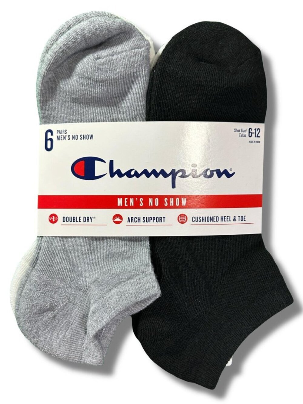 Champion Mens No Show Socks Black Gray Cushioned 6 Pack Size 6-12 Large
